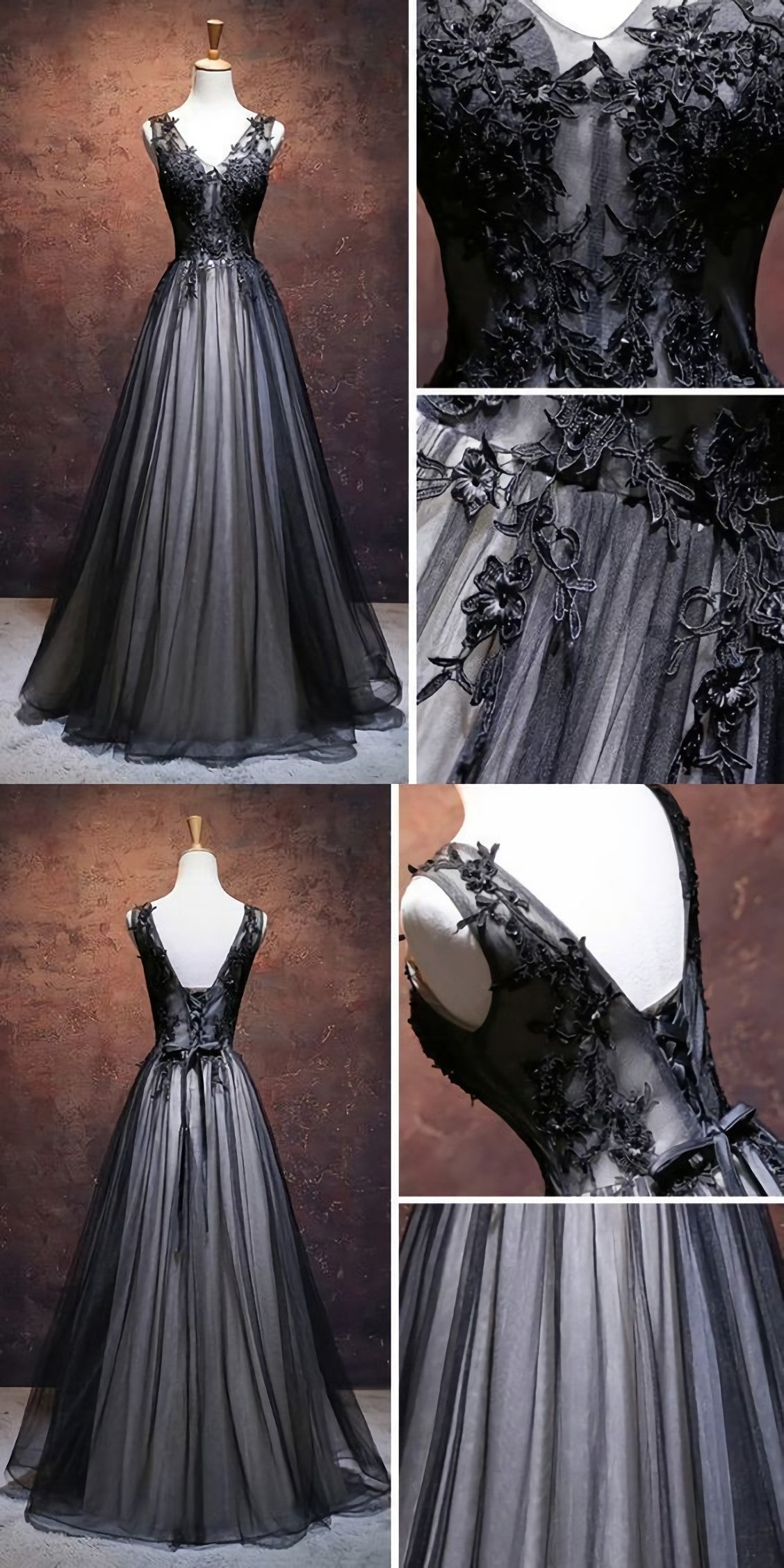 Prom Dress Design, Chic A Line V Neck Floor Length Tulle Black Applique Long Prom Dress, Evening Dress