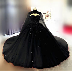 Homecoming Dresses Short Prom, Vintage Gothic Style Black Quinceanera Dresses, Ball Gown With Cape Prom Dresses