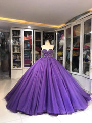 Evening Dresses Yellow, Purple Dress, Ball Gown Prom Dress, Strapless Ball Gown