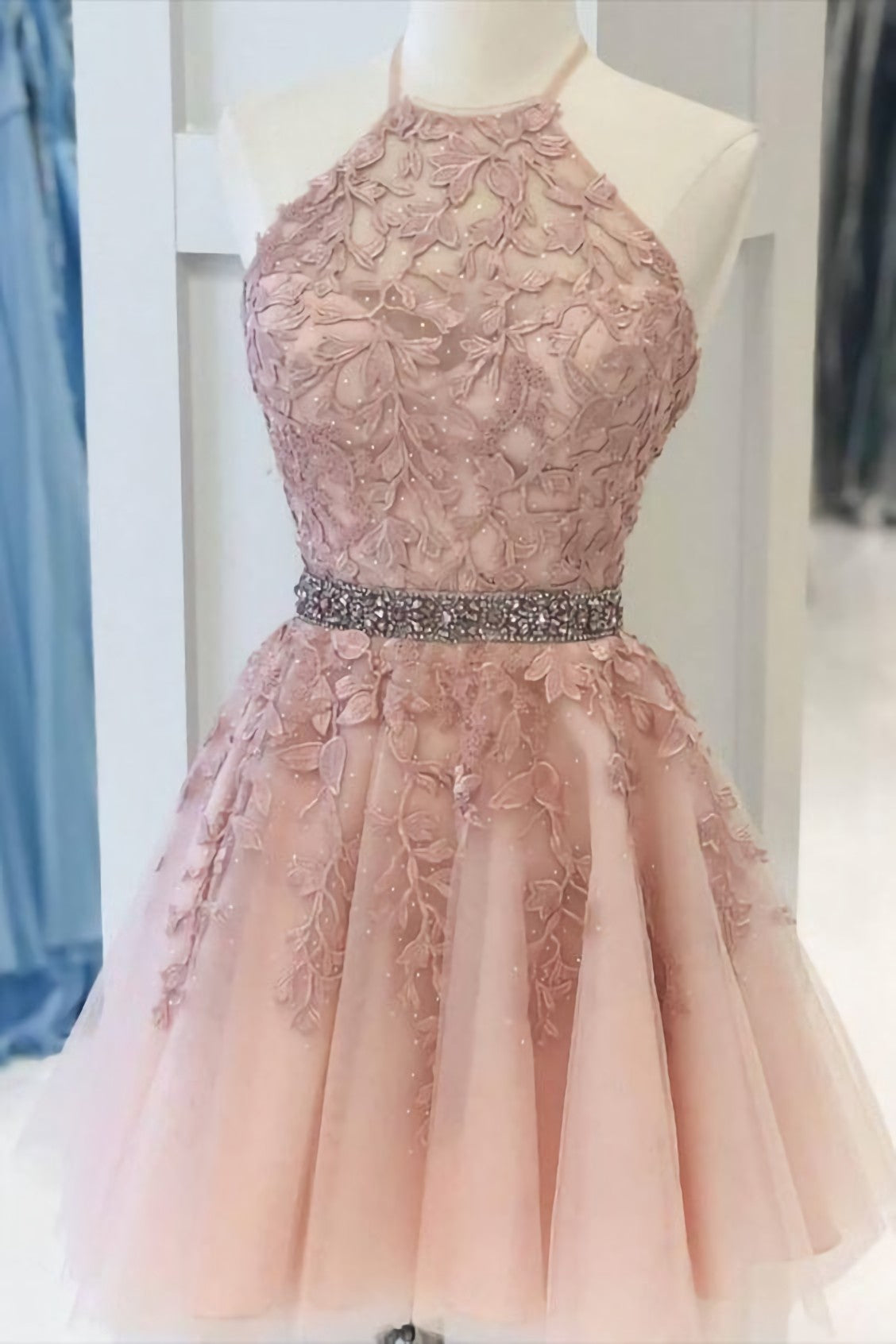 Prom Dressed A Line, Pink Halter Appliqued Homecoming Dress, With Beading Belt