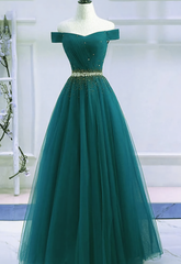 Homecoming Dresses For Kids, Pretty Hunter Green Off Shoulder Beaded Prom Dress, Long Evening Dress, Party Dress