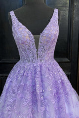 Dentelle violette longue une robe de bal de ligne, robe de soirée