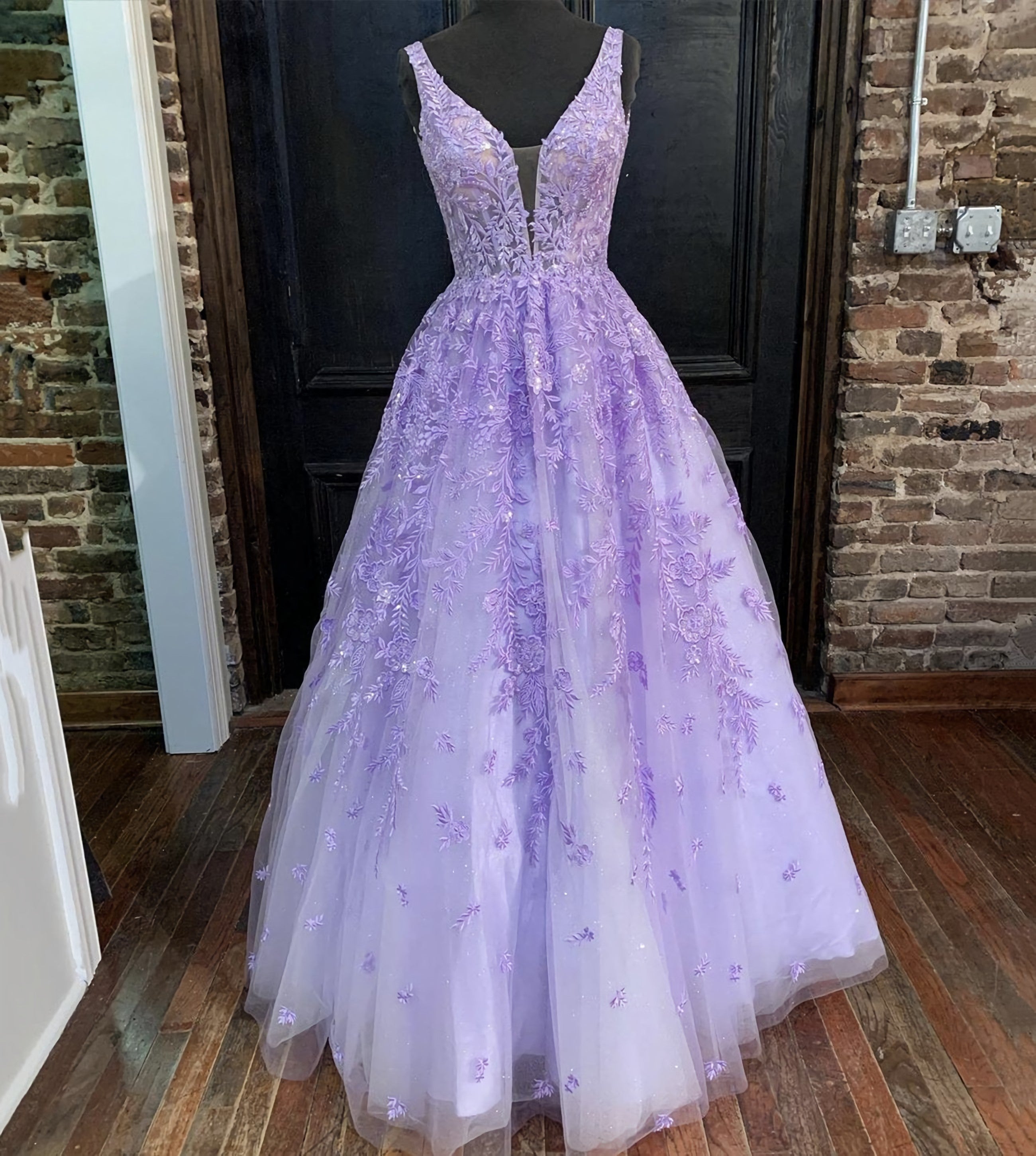 Evening Dresses Floral, Purple Lace Long A Line Prom Dress, Evening Dress