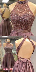 Prom Dresses For Adults, Halter Beaded Open Back Short Homecoming Dress 2024 Custom Made