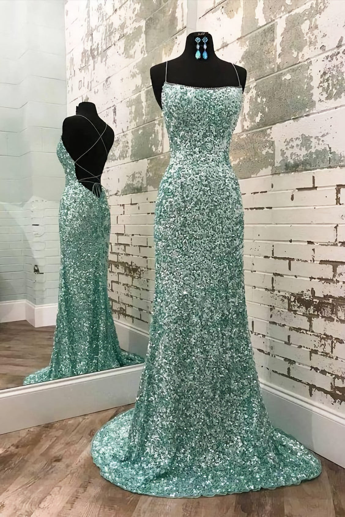 Prom Dress Brands, Mint Green Sequins Prom Dress