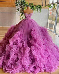Homecoming Dresses Floral, Sweetheart Purple Beading Bodice Tulle Ruffle Pleated Ball Gown Evening Dress, Prom Gown