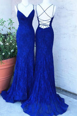 Prom Dresse 2029, Elegant Mermaid Royal Blue Lace Long Prom Dress, With Lace Up Back 2024 Long Prom Dress