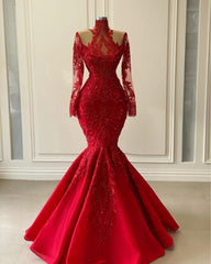 Prom Dresses 2023, Red Luxurious Lace Beaded Evening Dresses 2024 Red Shiny Long Sleeve High Neck Mermaid Prom Gowns