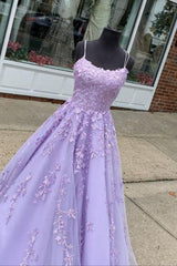 Ballgown, A Line Lavender Lace Appliqued Long Prom Dress, Formal Gown