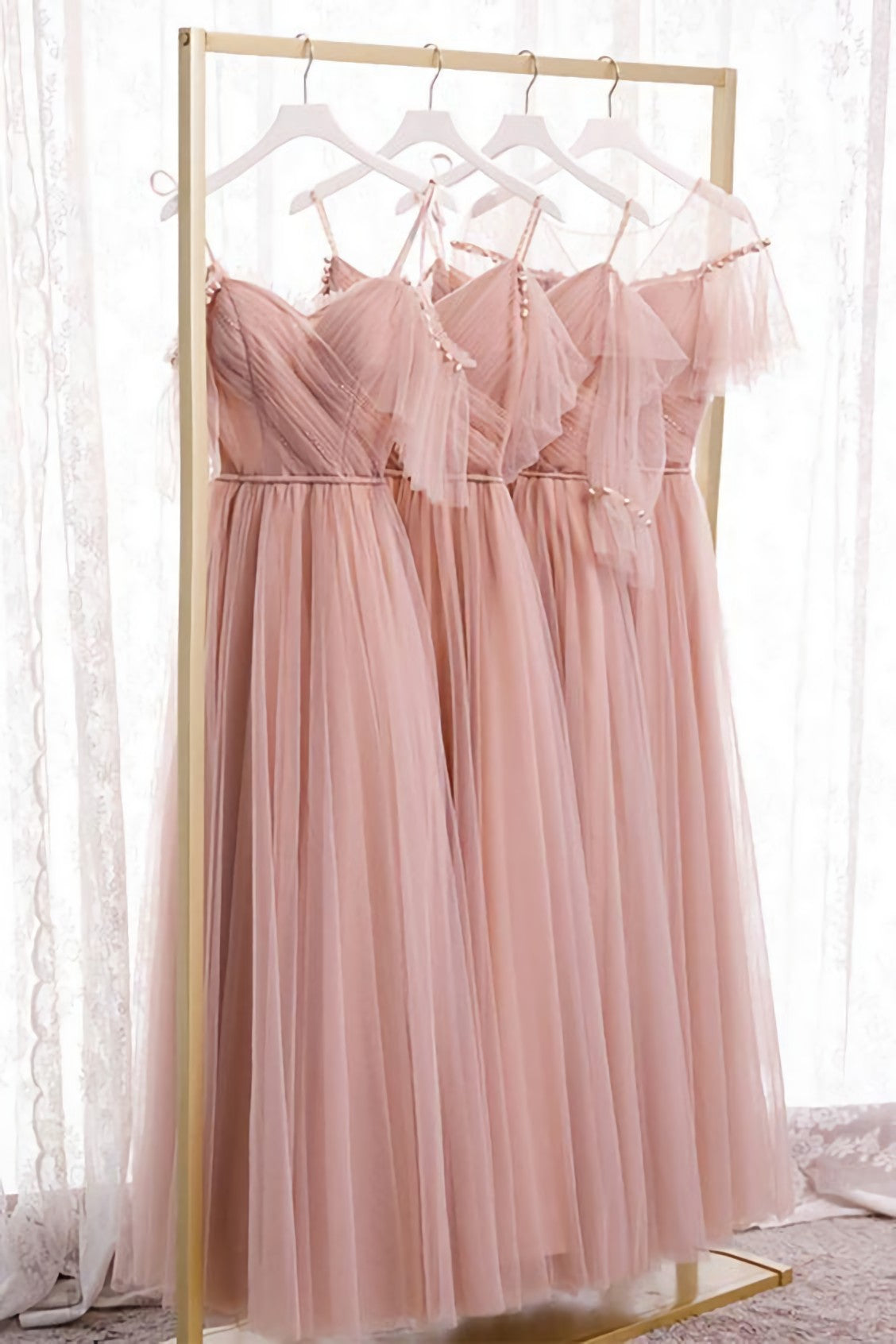 Homecoming Dresses Red, Blush Pink Tulle Long Bridesmaid Dresses, Prom Dress, Evening Dresses