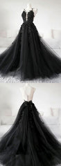 Unique Black Tulle V Neck Sheer Back Lace Applique Evening Dress, Formal Dress, Long Prom Dress