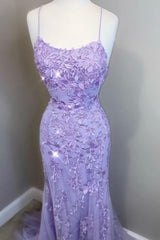 Evening Dress Gold, Mermaid 2024 Lavender Lace Long Prom Dress, Formal Dress