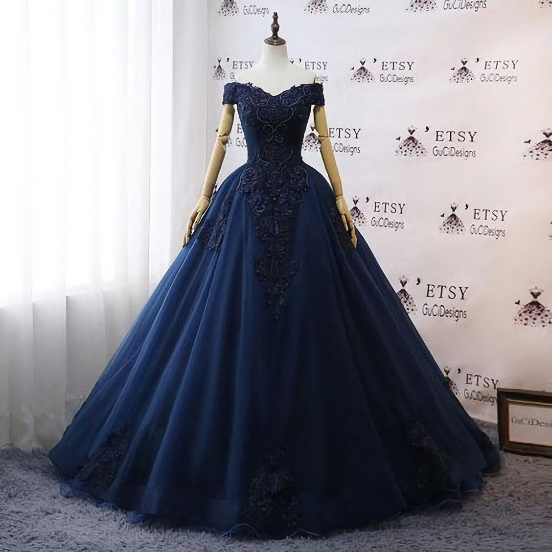 Wedding Dress And Shoe, Prom Dresses, Navy Blue Wedding Dresses, Floral Lace Ball Gown Off Shoulder Evening Dress