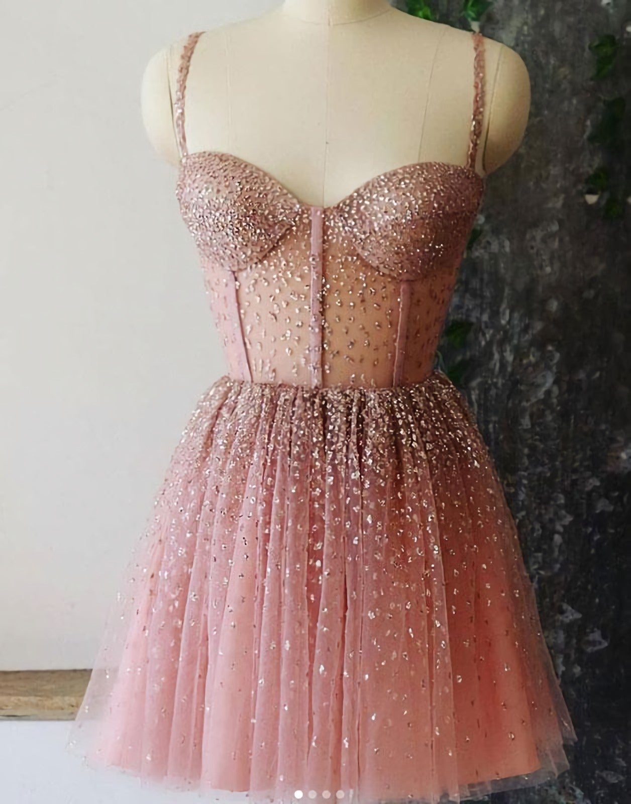 Prom Dresses Long Beautiful, A Line Spaghetti Straps Short Dresses, Dusty Pink Beaded Homecoming Dress