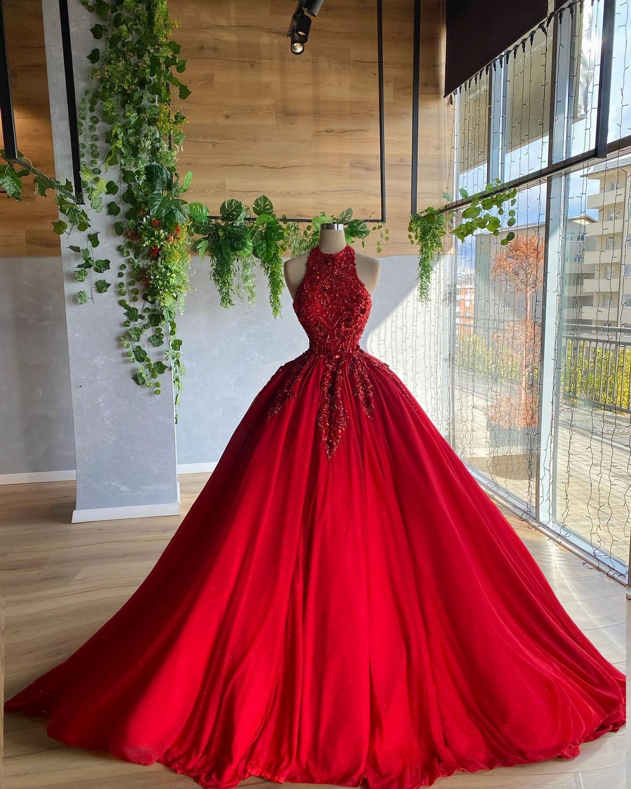 Evening Dress With Sleeve, Red A Line Prom Dress, Ball Gown Evening Dress