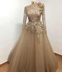 Evening Dress Designs, Elegant Champagne Long Prom Dress, Tulle Formal Dress