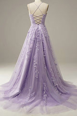 Evening Dress Open Back, Purple Lace Long A Line Prom Dress, Evening Dress