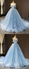 Prom Dresses Online, Sky Blue Tulle Off Shoulder Sweetheart Neck Long Lace Applique Senior Prom Dress, Evening Dress