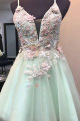Prom Dress With Sleeves, Mint Green Short Homecoming Dress, With Flowers Mini Tulle Graduation Dress, With Pearls