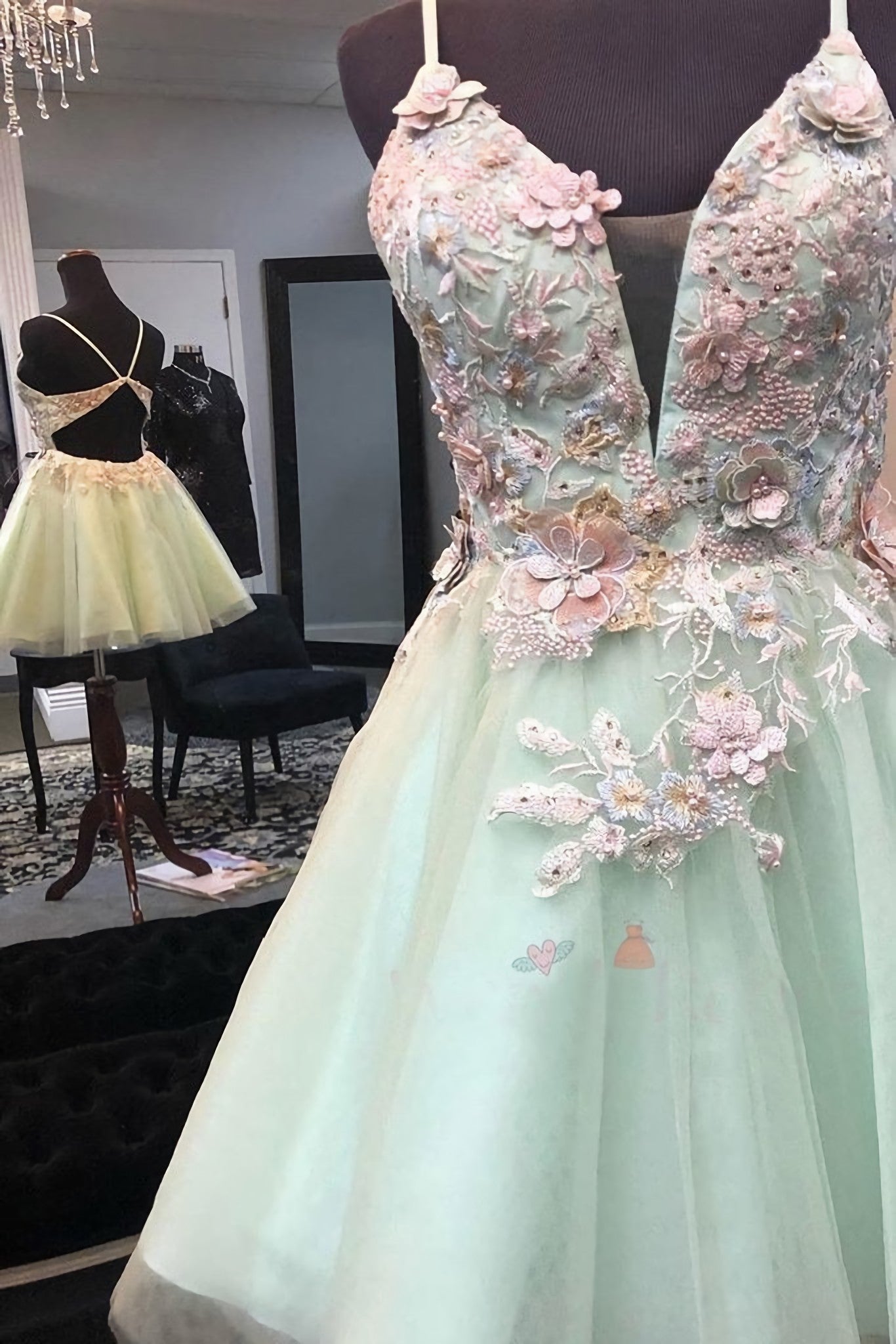 Prom Dresses With Sleeve, Mint Green Short Homecoming Dress, With Flowers Mini Tulle Graduation Dress, With Pearls