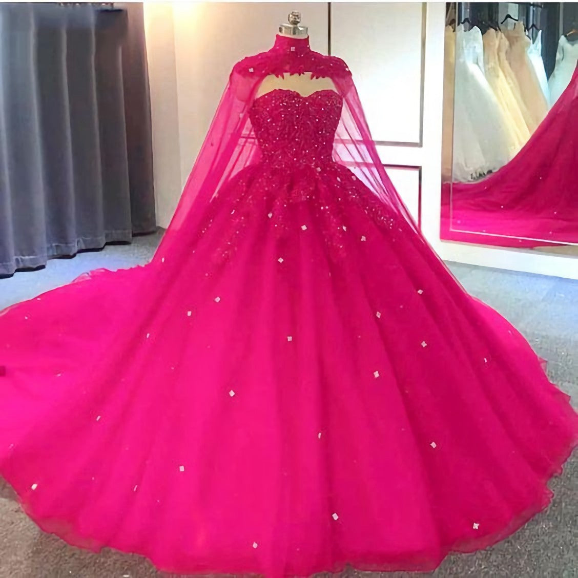 Homecoming Dress Inspo, Hot Pink Detachable Cape Quinceanera Sweet 16 Ball Gown Prom Dress