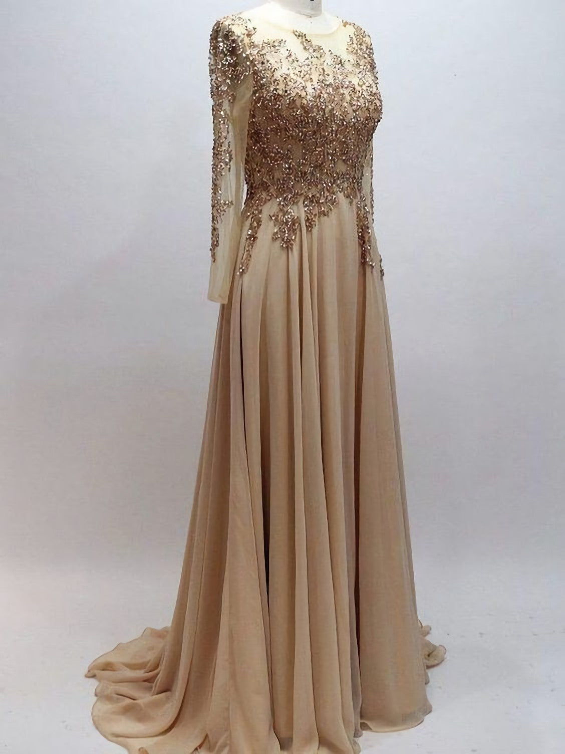 Homecomeing Dresses Long, A Line Scoop Neck Chiffon With Beaded Long Sleeves Prom Dresses
