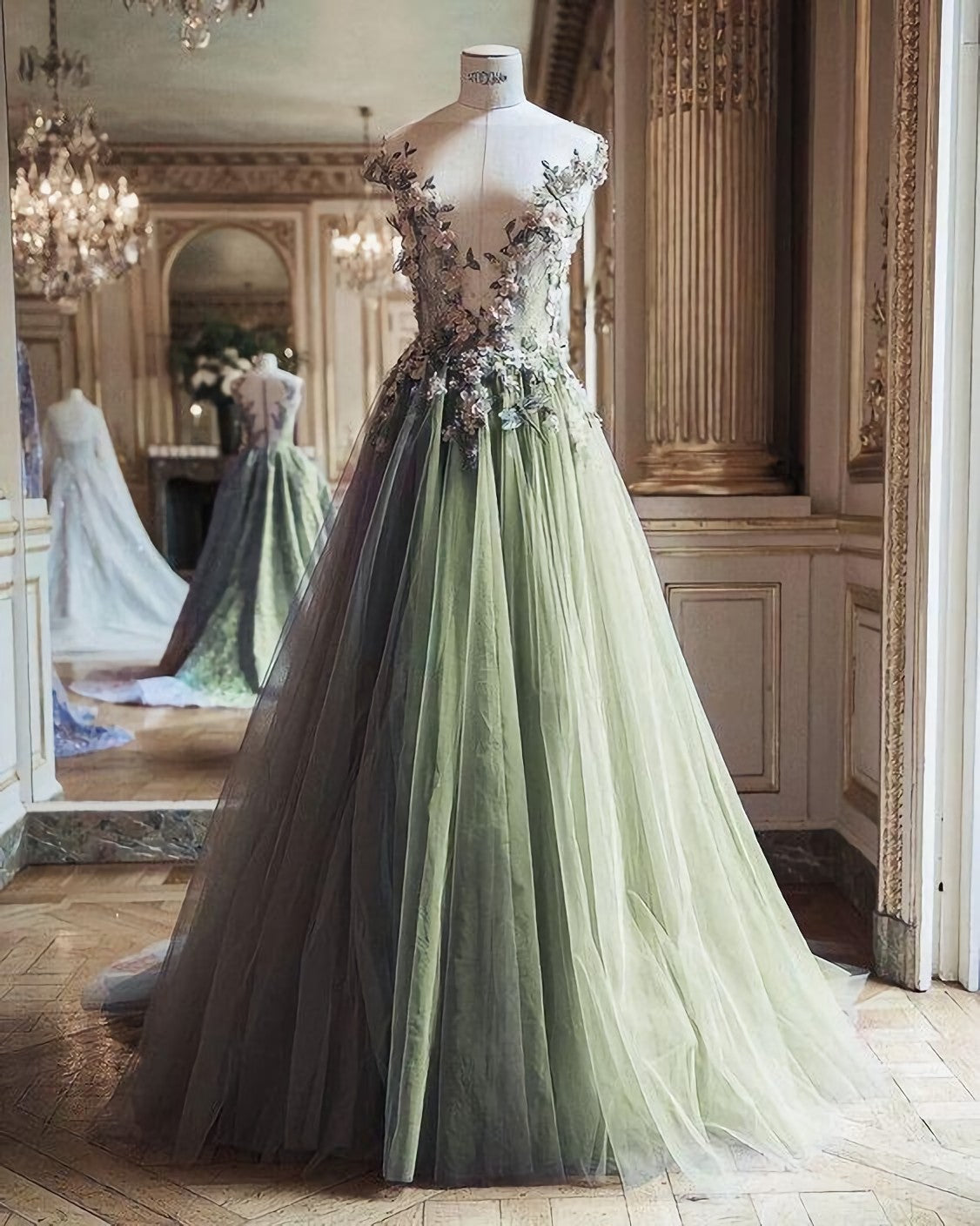 Evening Dress With Sleeves Uk, Green Tulle Long Formal Dress, Party Dress, Prom Dress