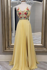 Homecoming Dress Long, A Line Yellow Floral Embroidery Long Prom Dress, With Side Slit