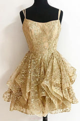 Prom Dresses Laced, A Line Sequins Gold Short Homecoming Dresses, Glitter Cocktail Party Dress