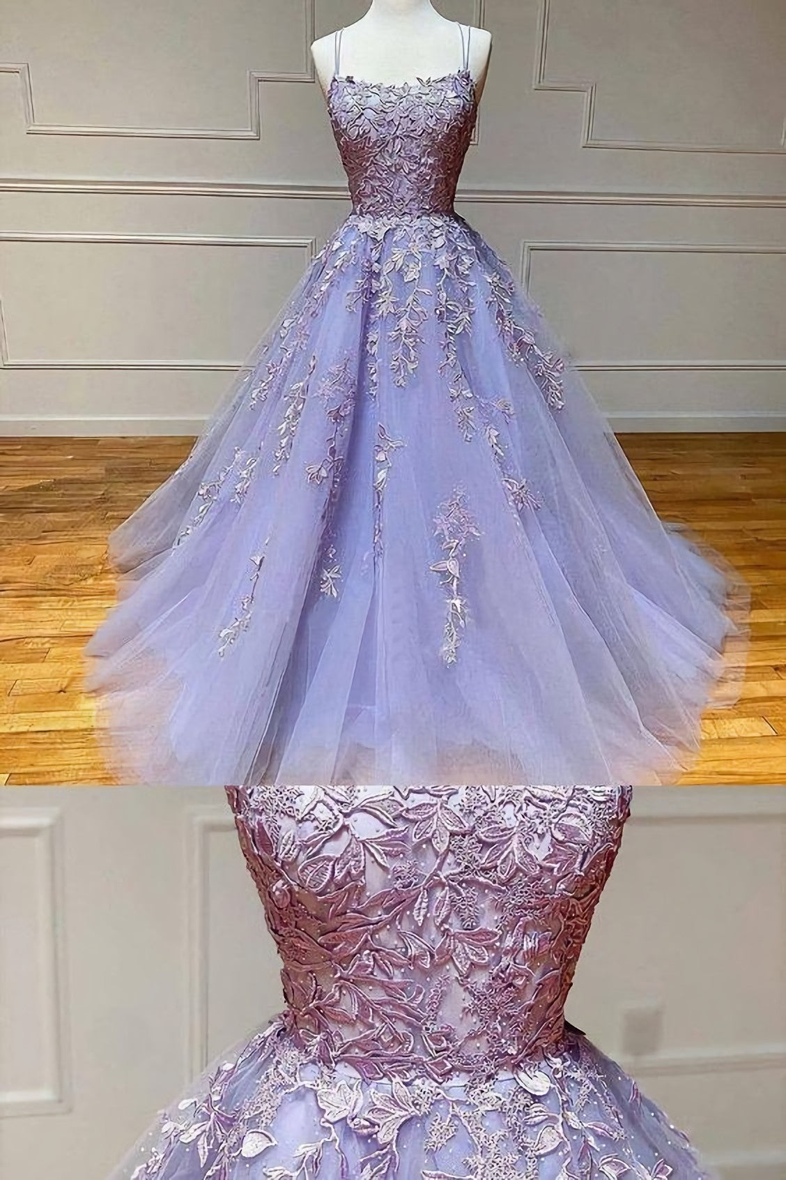 Evening Dress Cheap, 2024 Lavender Lace Tulle Prom Dress, With Appliques