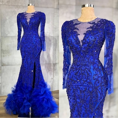 Prom Dresses On Sale, Long Prom Dress, Luxury Royal Blue Evening Dresses, Beaded Crystals Sheer Neck Mermaid Arabic Aso Ebi Party Gowns
