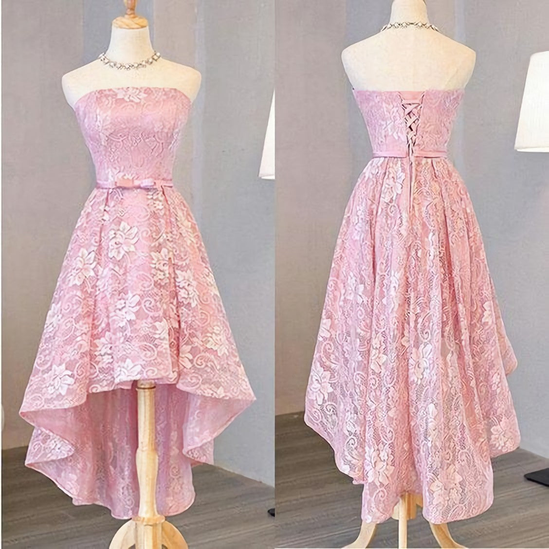 Prom Dresses Country, Nice Pink High Low Lace Dress, Pink High Low Dress, Lace Dress, Homecoming Dress