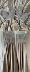 Homecoming Dresses Simple, Long Champagne Satin Bridesmaid Dresses, Plunge Neck Beaded Top Prom Evening Gown