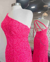 Evening Dress Gowns, 2024 One Shoulder Hot Pink Sequined Prom Dress