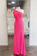 Evening Dress Gown, 2024 One Shoulder Hot Pink Sequined Prom Dress