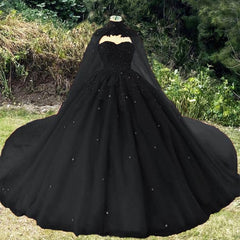 Wedding Dress And Shoes, Vintage Black Wedding Dress, Ball Gown For Gothic Weddings With Cape Prom Dress, Evening Dress