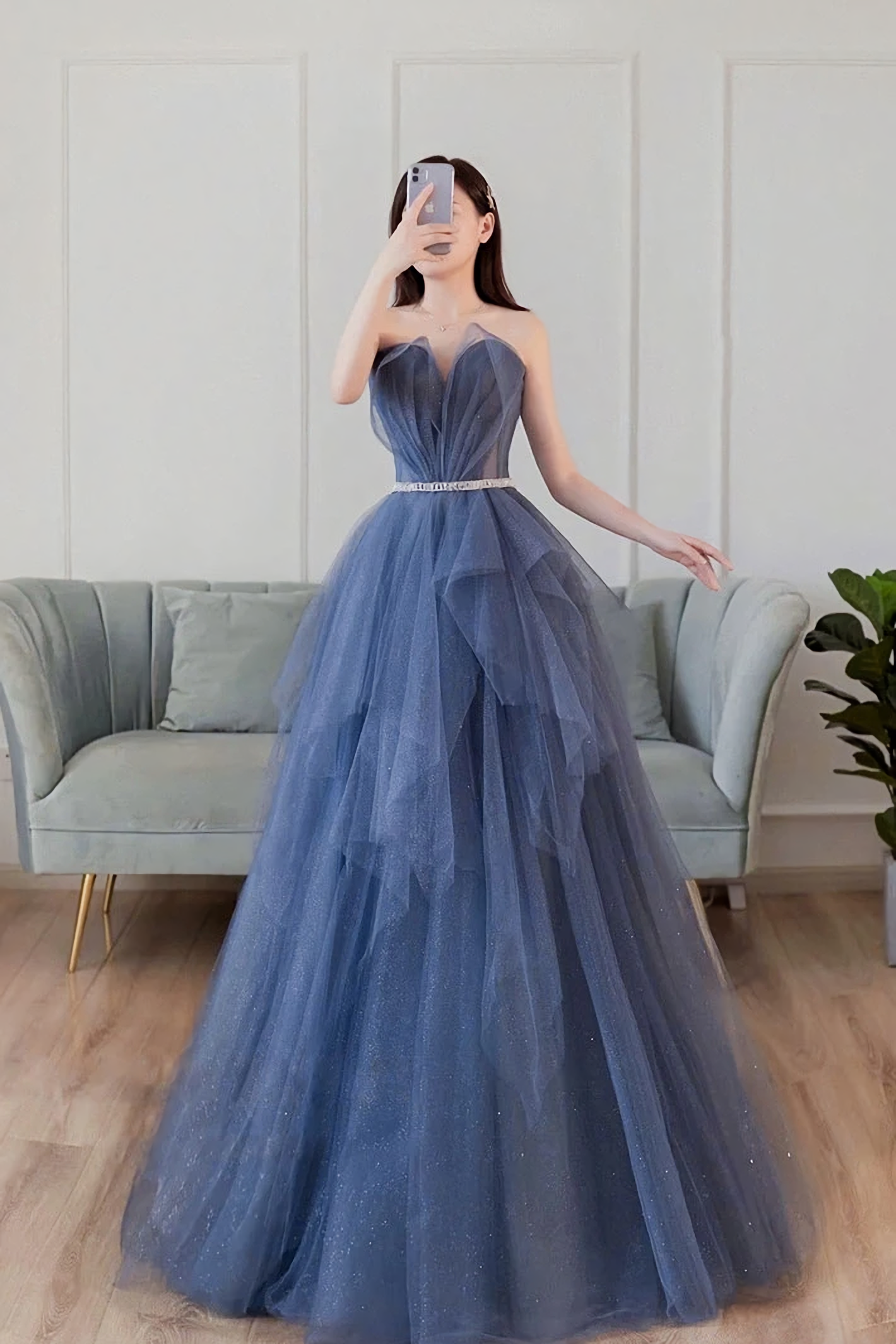 Homecoming Dress Under 56, Blue Sweetheart Neck Tulle Long Prom Dress, Blue Tulle Formal Dress