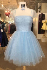 Party Dresses Winter, Cute Light Sky Blue with Cap Sleeves Homecoming Dresses