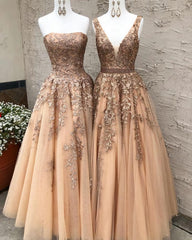Homecoming Dresses Black Girl, Long Champagne Prom Dress, Sexy V Neck Strapless A Line Appliques Formal Party Dresses