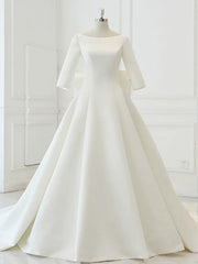 Wedding Dress Colorful, White Satin Backless 3/4 Sleeve Wedding Dress, Party Prom Dresses