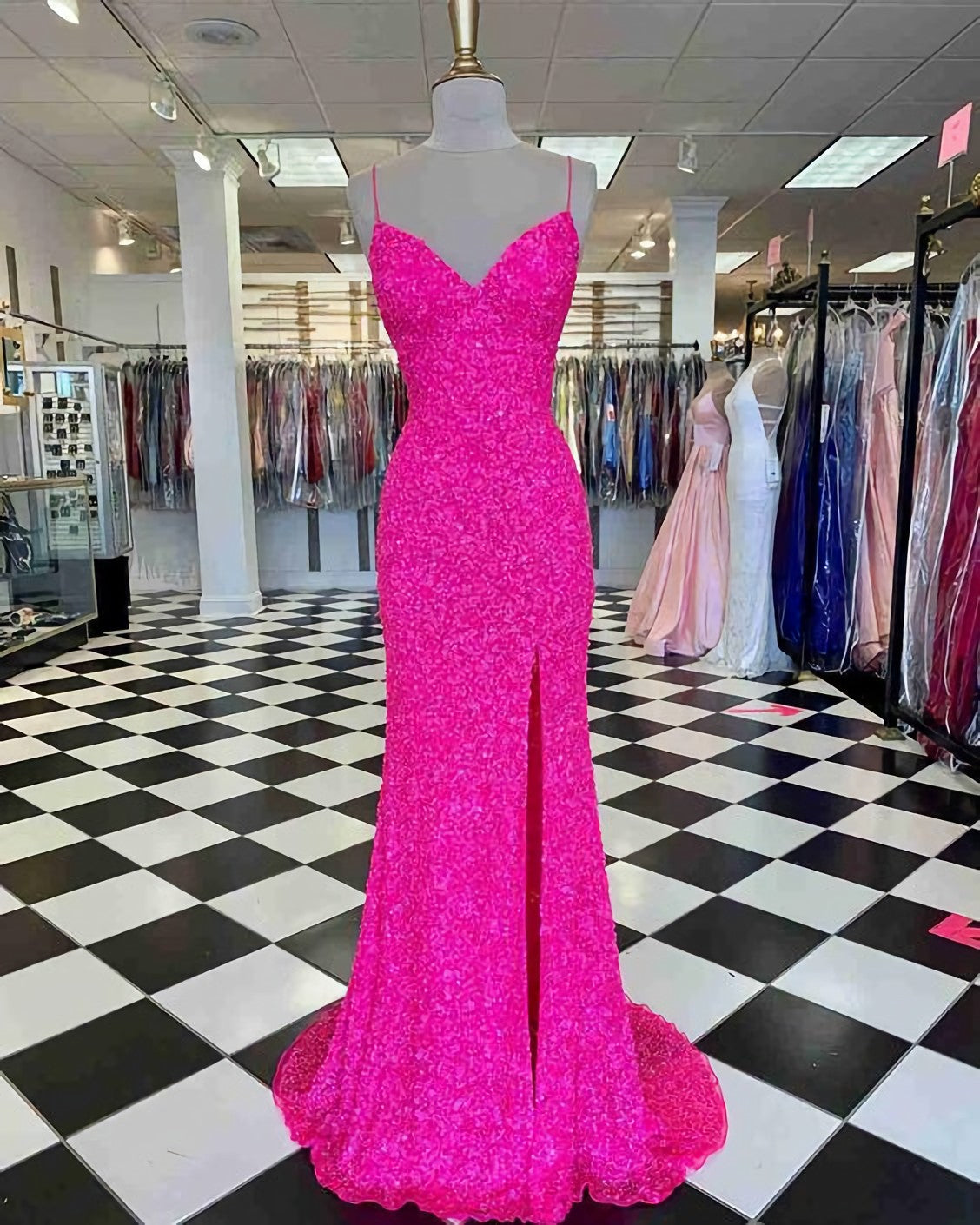 Prom Dresses Store, Hot Pink Straps Prom Dress, With Slit