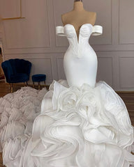Elegant Mermaid African Women Wedding Dresses, 2022 Off The Shoulder Ruffles High Quality Satin Birdal White Wedding Gowns Prom Dresses