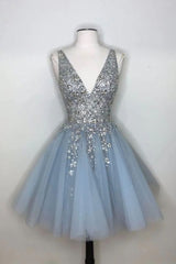 Prom Dress With Shorts, Blue V Neck Tulle Sequin Short Dress, Blue Homecoming Dress