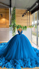 Evening Dresses Ball Gown, Elegant Blue Ball Gown Long Prom Dress
