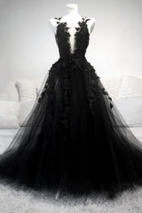 Homecoming Dresses Shop, Black V Neck Lace Long Prom Dress, A Line Evening Dress