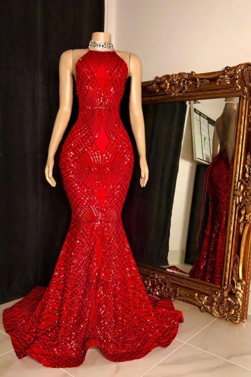 Evening Dresses With Sleeves, Halter Sleeveless Red Long Sequin Trumpet Prom Dresses