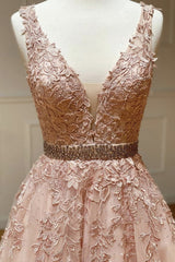 Homecoming Dress Shop, Pink V Neck Lace Long A Line Prom Dress, Evening Dress