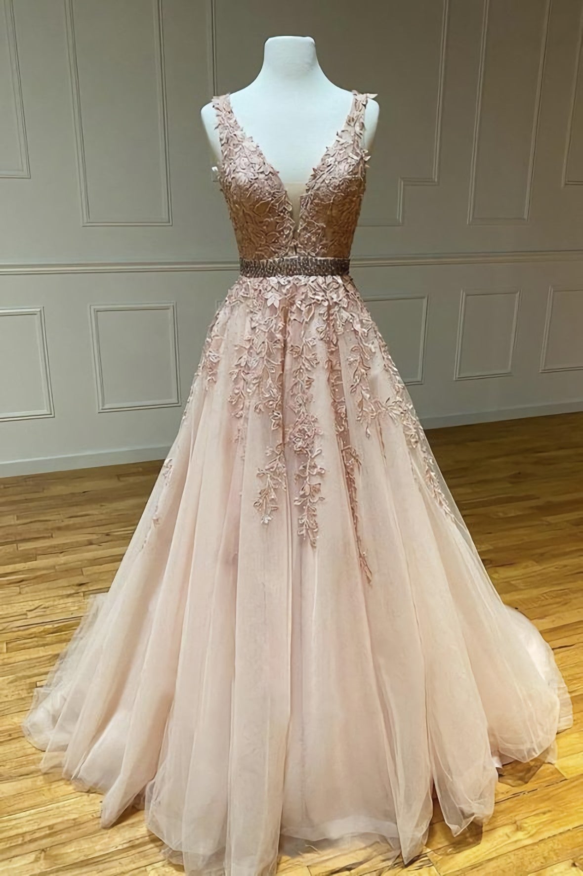 Homecoming Dresses Aesthetic, Pink V Neck Lace Long A Line Prom Dress, Evening Dress
