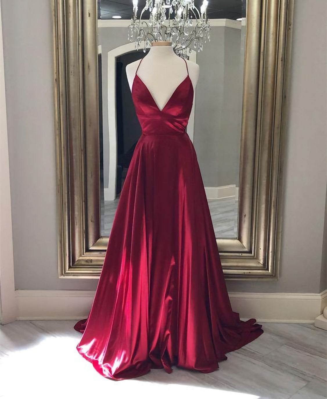 Evening Dresses For Over 56S, Spaghetti Straps Evening Gowns Dark Red Long Prom Dresses