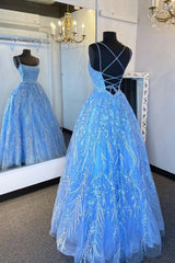 Homecomming Dresses Long, Elegant Straps Blue Appliqued Formal Dress, Prom Dress, Evening Dress